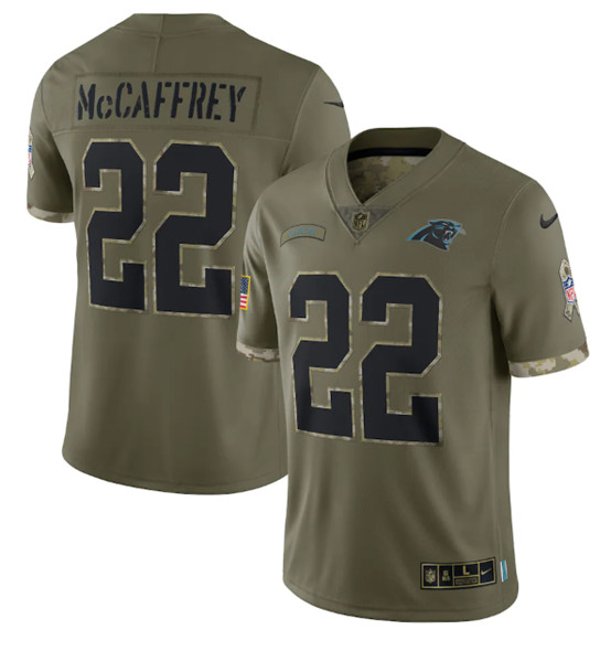 Men's Carolina Panthers #22 Christian McCaffrey 2022 Olive Salute To Service Limited Stitched Jersey